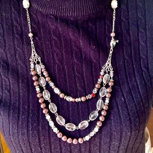 Antiqued Silver Triple Strand Pearl and Crystal Necklace